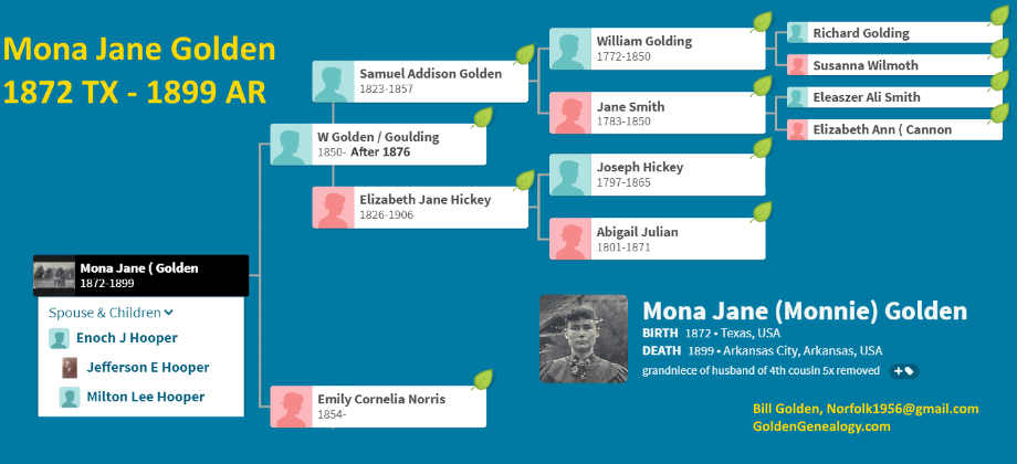 Mona Jane Golden - 1872 TX to 1899 AR --- William Golding and Elizabeth Foster line