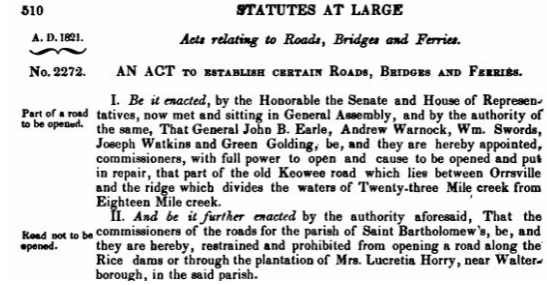 Source: Page 510 of The Statutes at Large of South Carolina: Containing the acts relating to roads, bridges and ferries, with an appendix, containing the militia acts prior to 1794. 1 p.l., xv, 780 p
