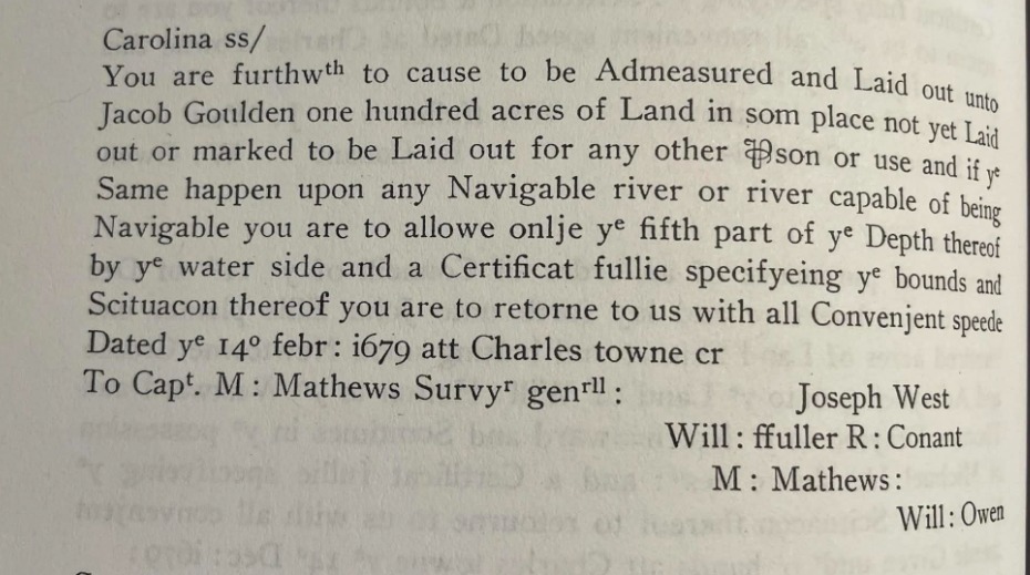 Jacob Goulden 1679 Feb 14 --- 100 acres Charleston South Carolina
